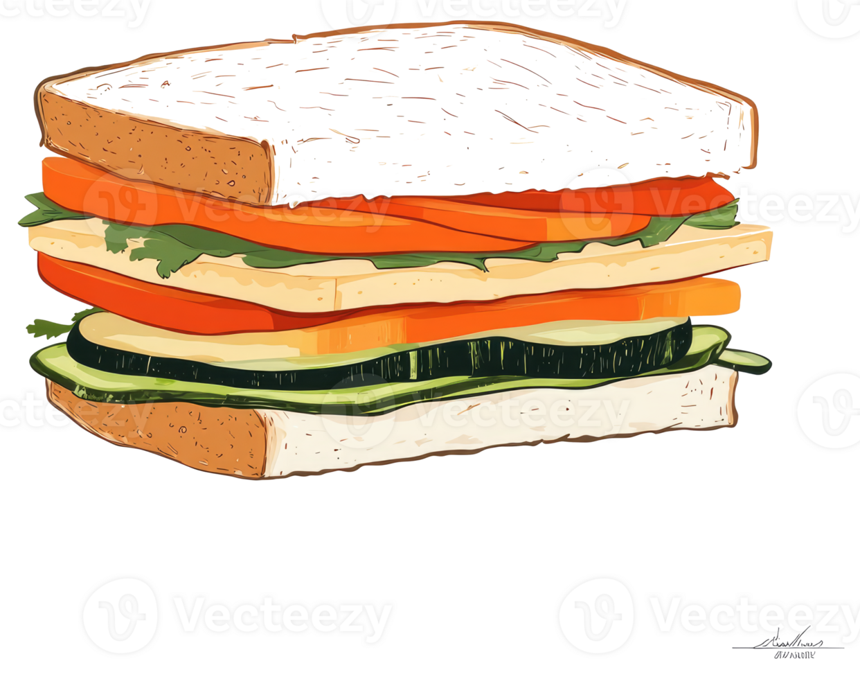A colorful layered illustration of a fresh vegetarian sandwich on white png