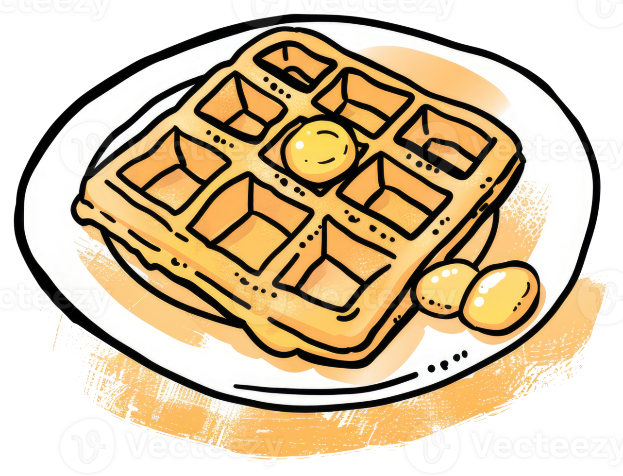 A delicious square waffle with eggs on a white ceramic plate png
