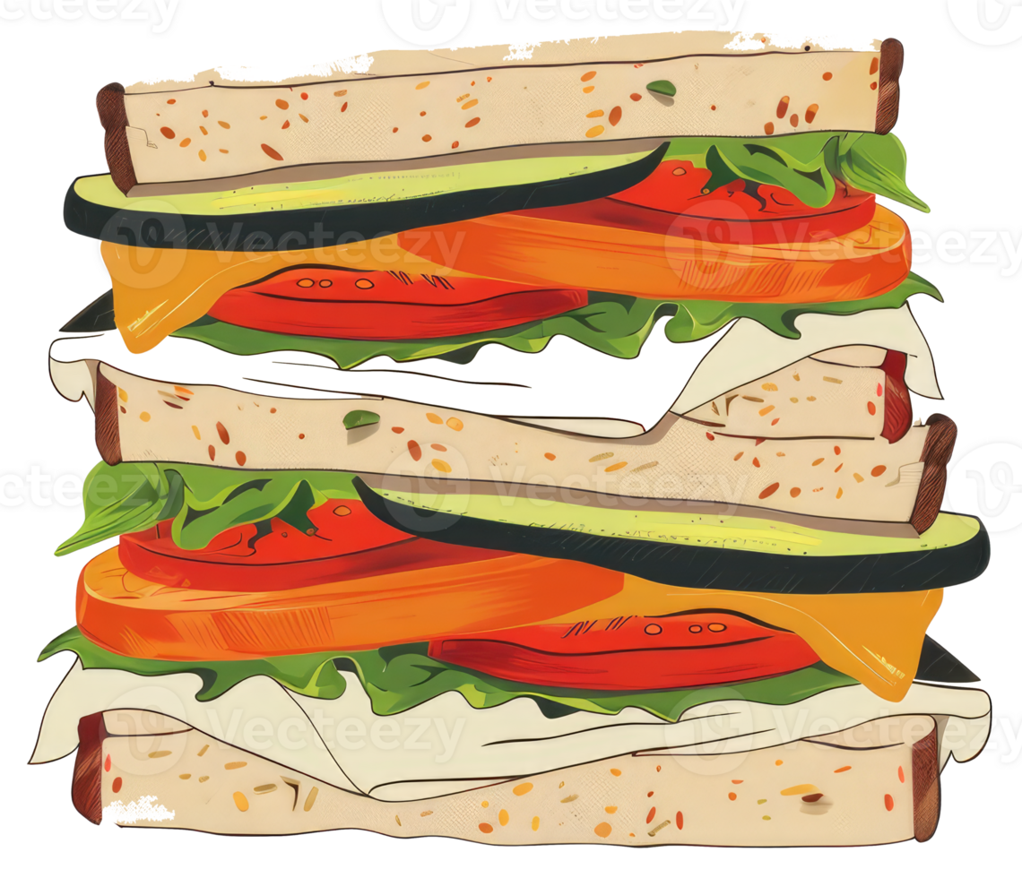 A large and colorful stacked sandwich with many layers and fillings png