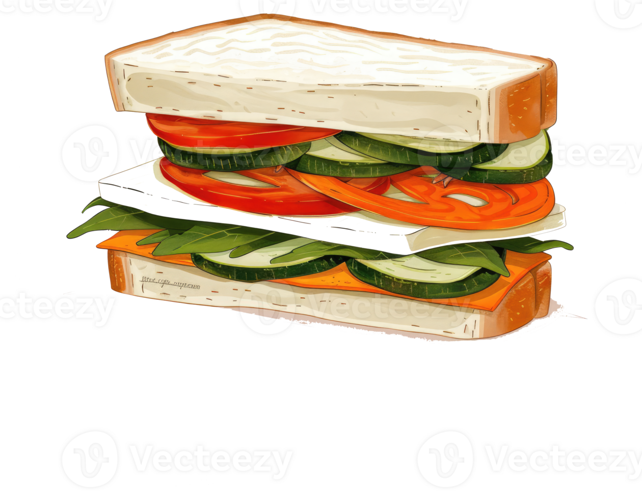 An illustrated sandwich with various vegetables and cheese layers png