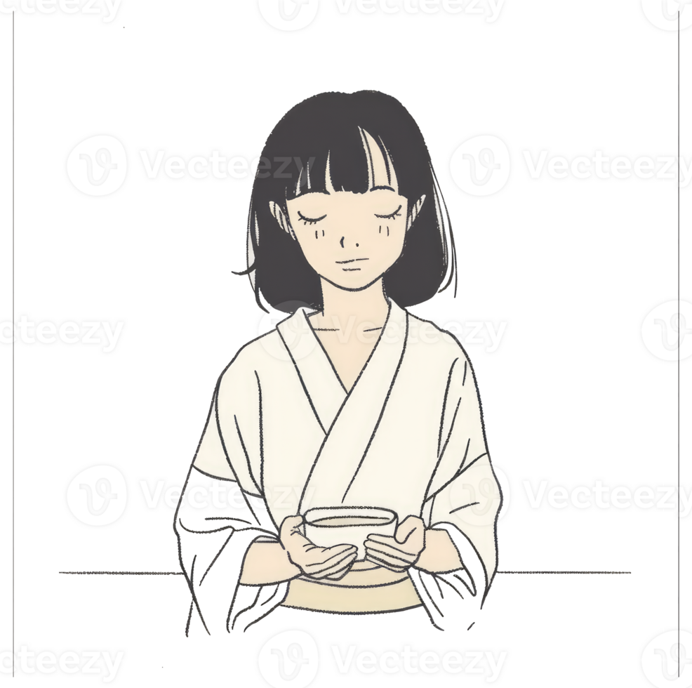 An illustrated girl holding a small cup with both hands png