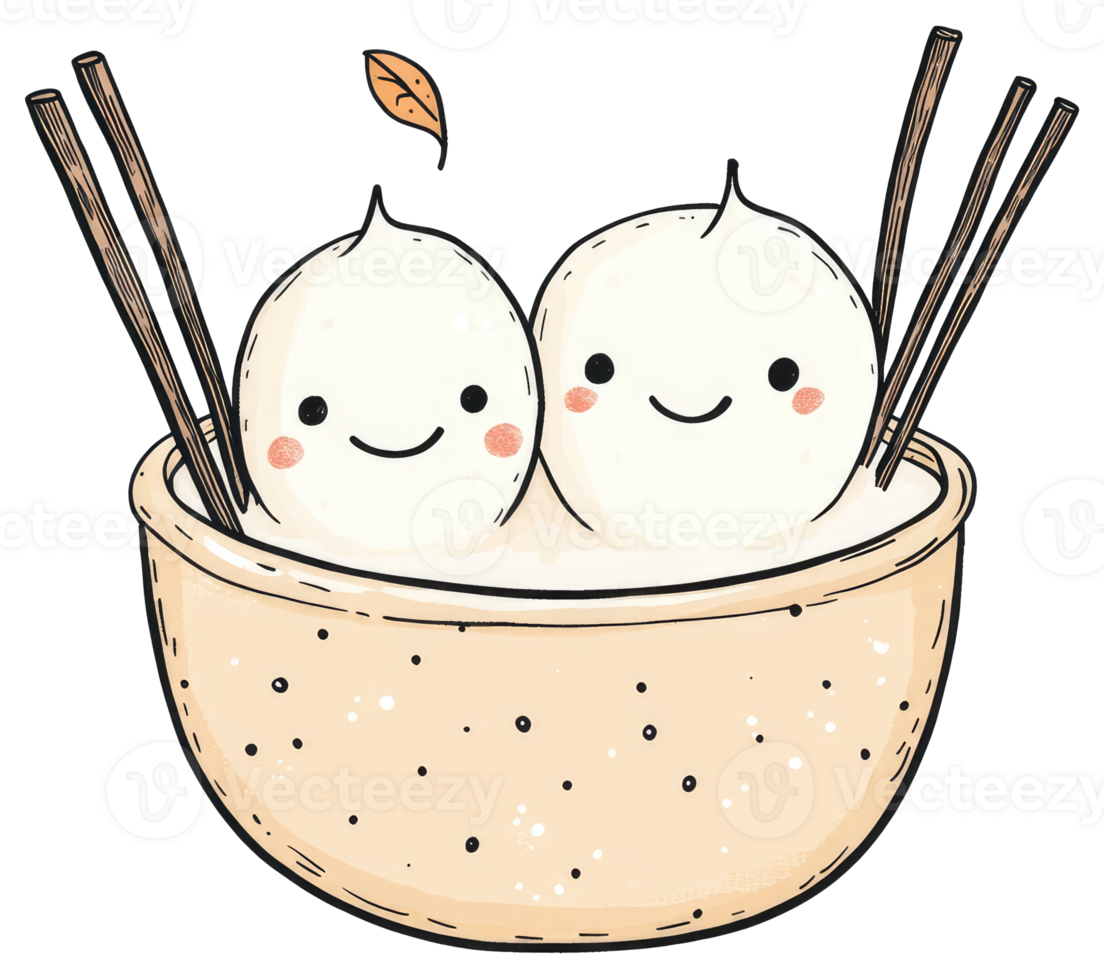 Two happy cartoon steamed buns in a textured bowl png