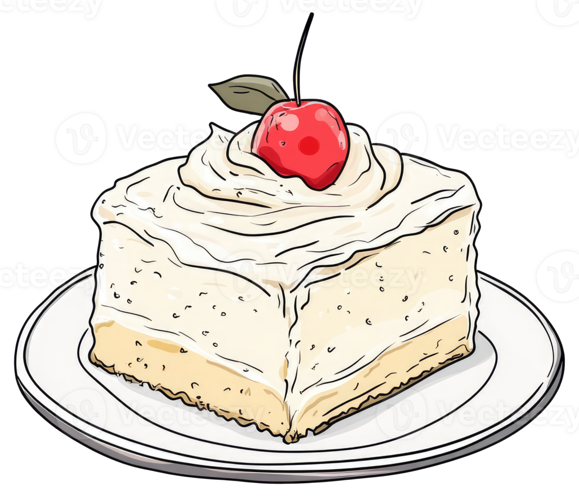 A slice of cake with cherry and white frosting on a plate png
