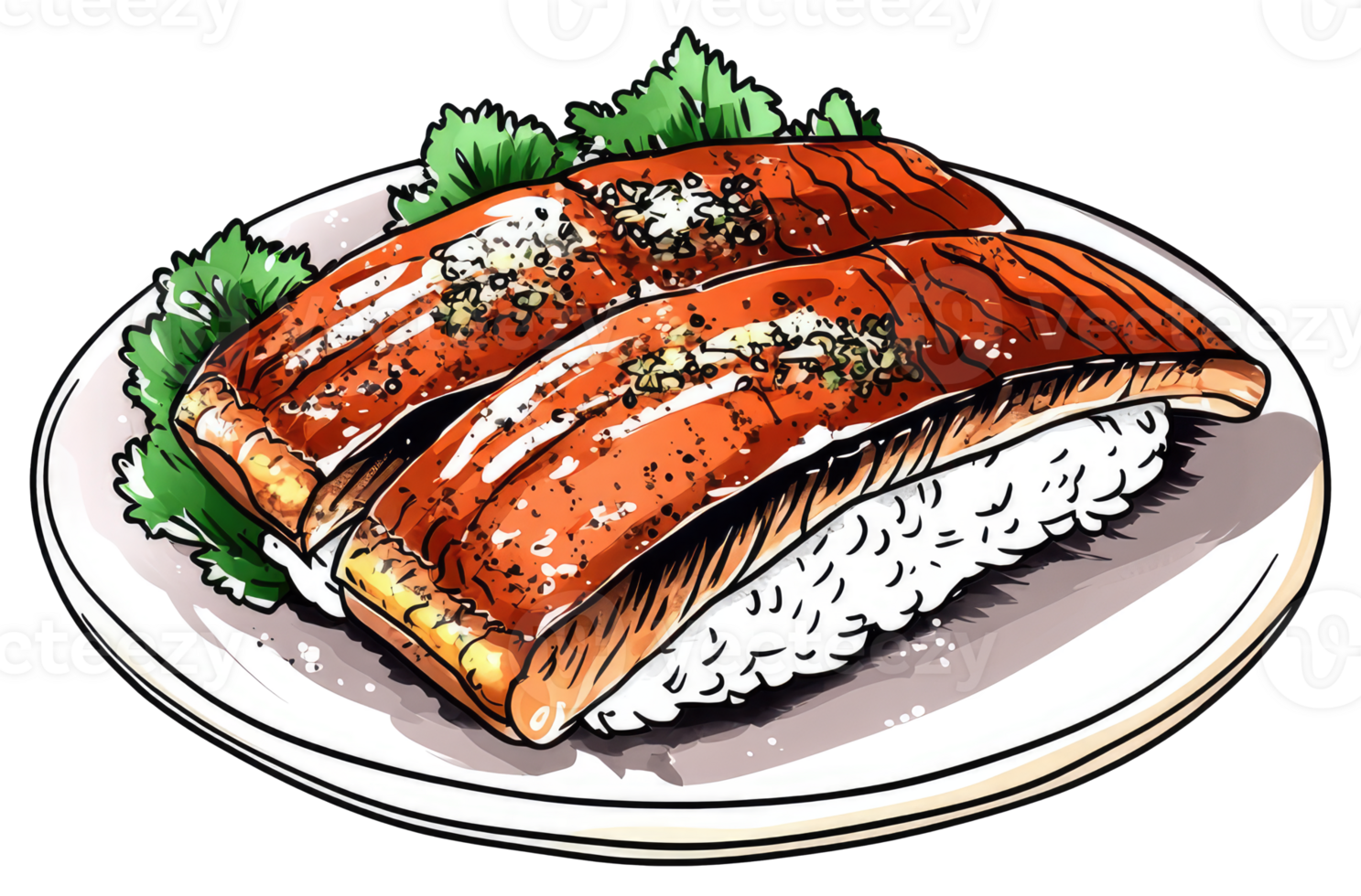 Delicious looking salmon sushi served on a white ceramic plate png