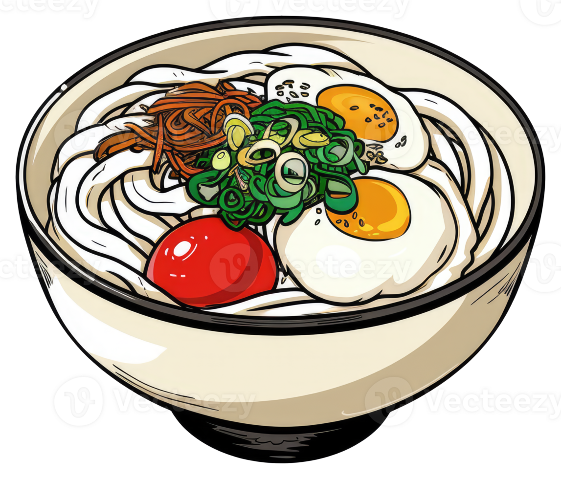 A bowl of noodles with vegetables and eggs presented in a cartoon style png