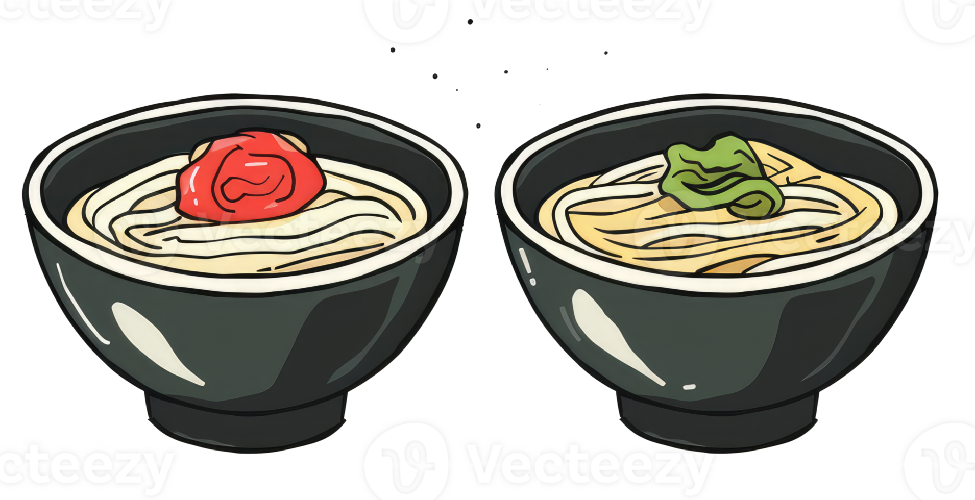Two bowls of noodles served with different toppings are shown png