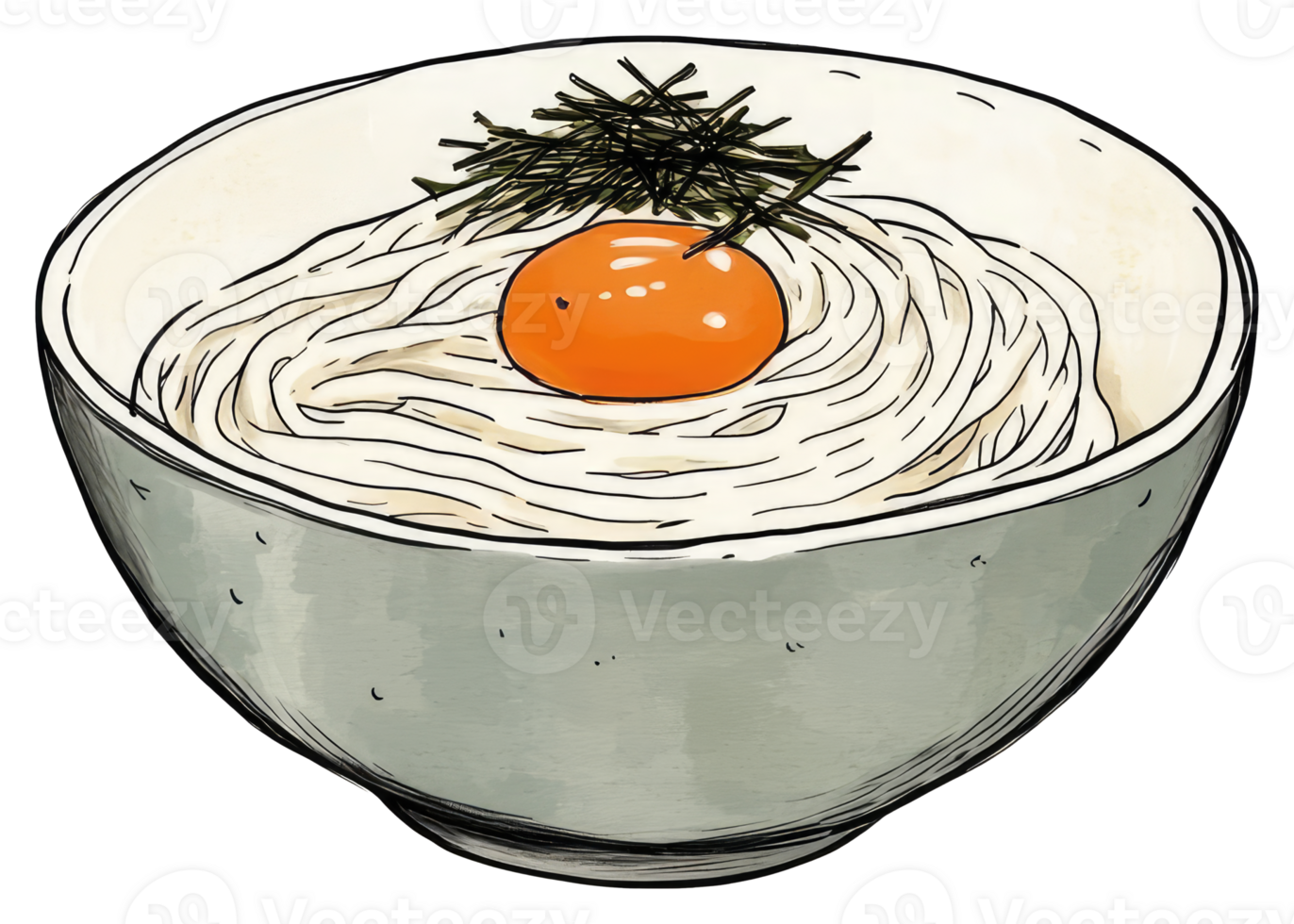 A bowl of noodles topped with egg and seaweed png