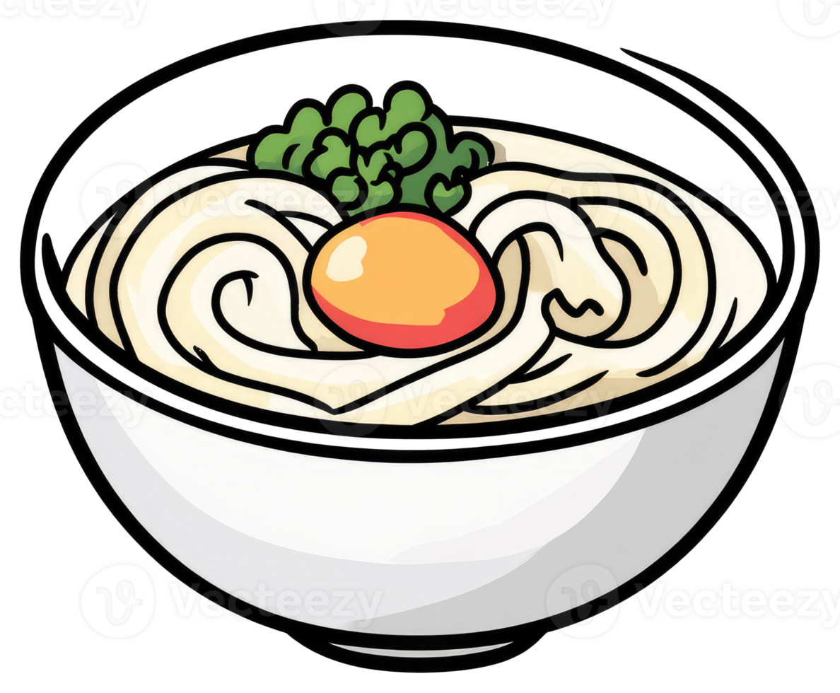 A bowl of noodles with an egg and green garnish png