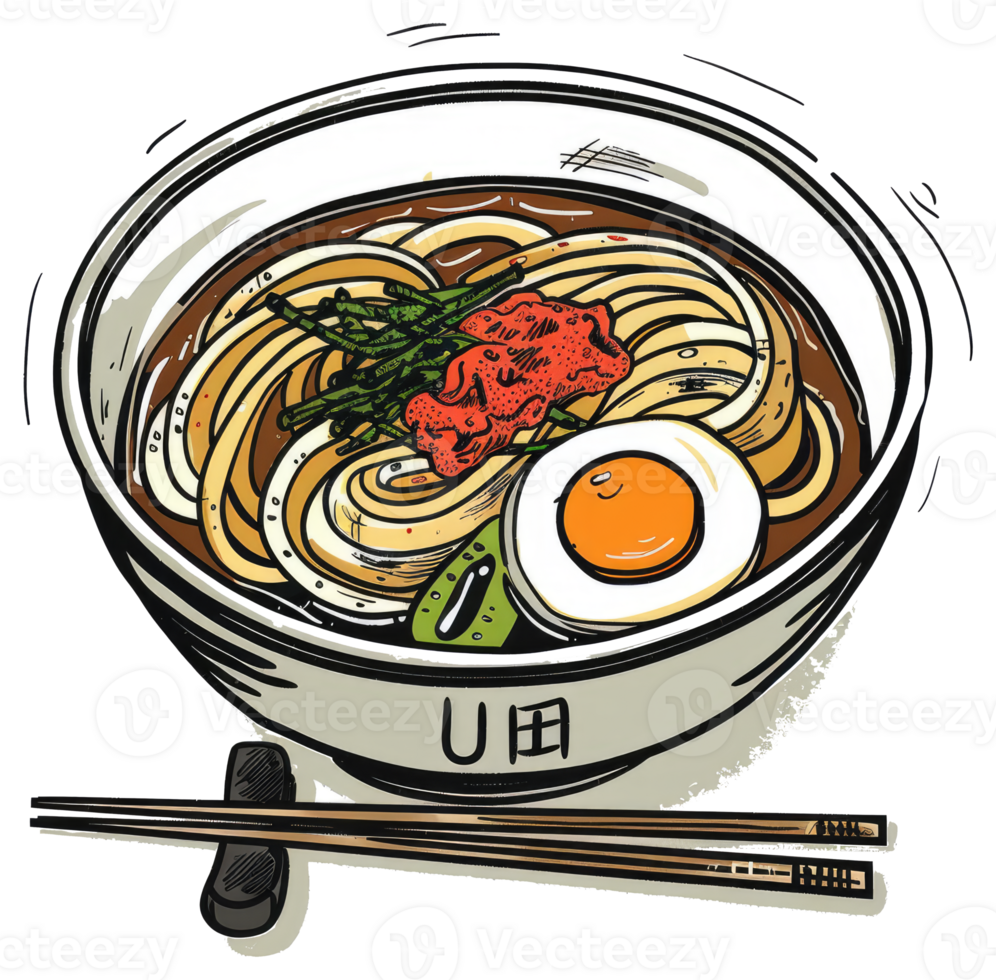 A detailed illustration of a bowl of appetizing noodle soup png