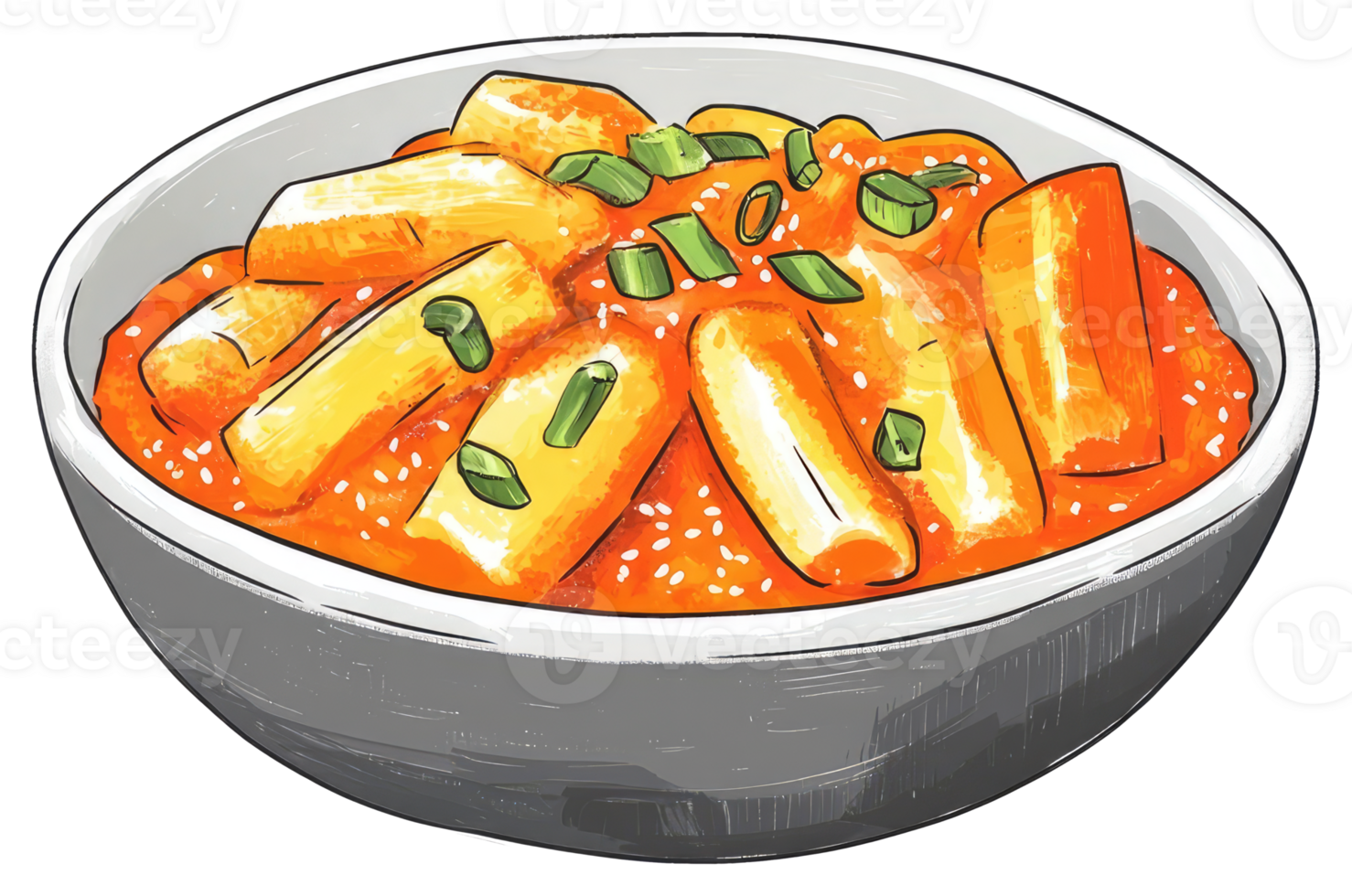 A bowl of spicy rice cakes is pictured artfully prepared png