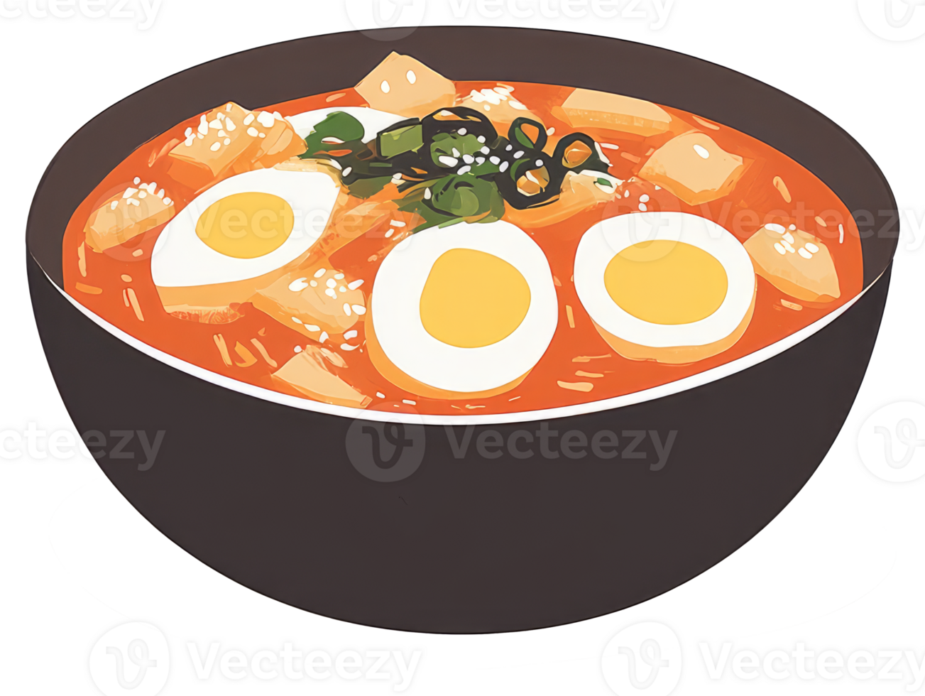 A delicious bowl of spicy noodles with boiled eggs and herbs png