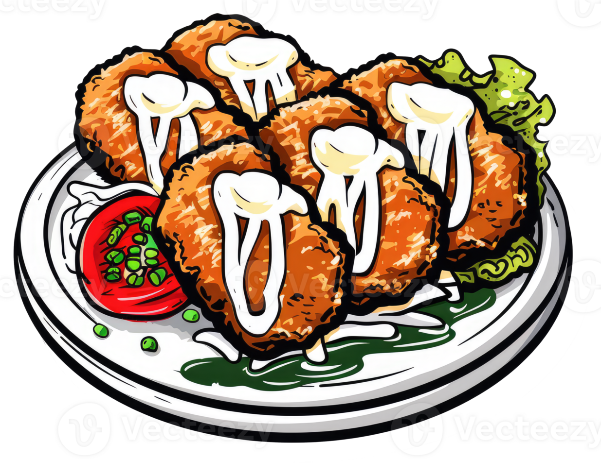 A plate of fried food with sauce and vegetables on it png