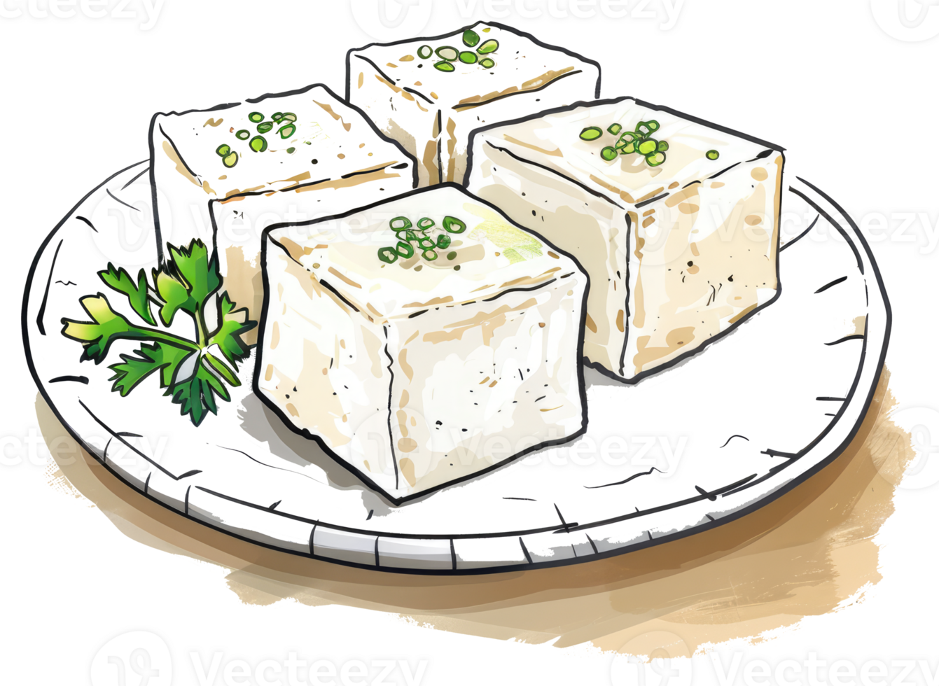 A plate with four tofu cubes and fresh green garnish png