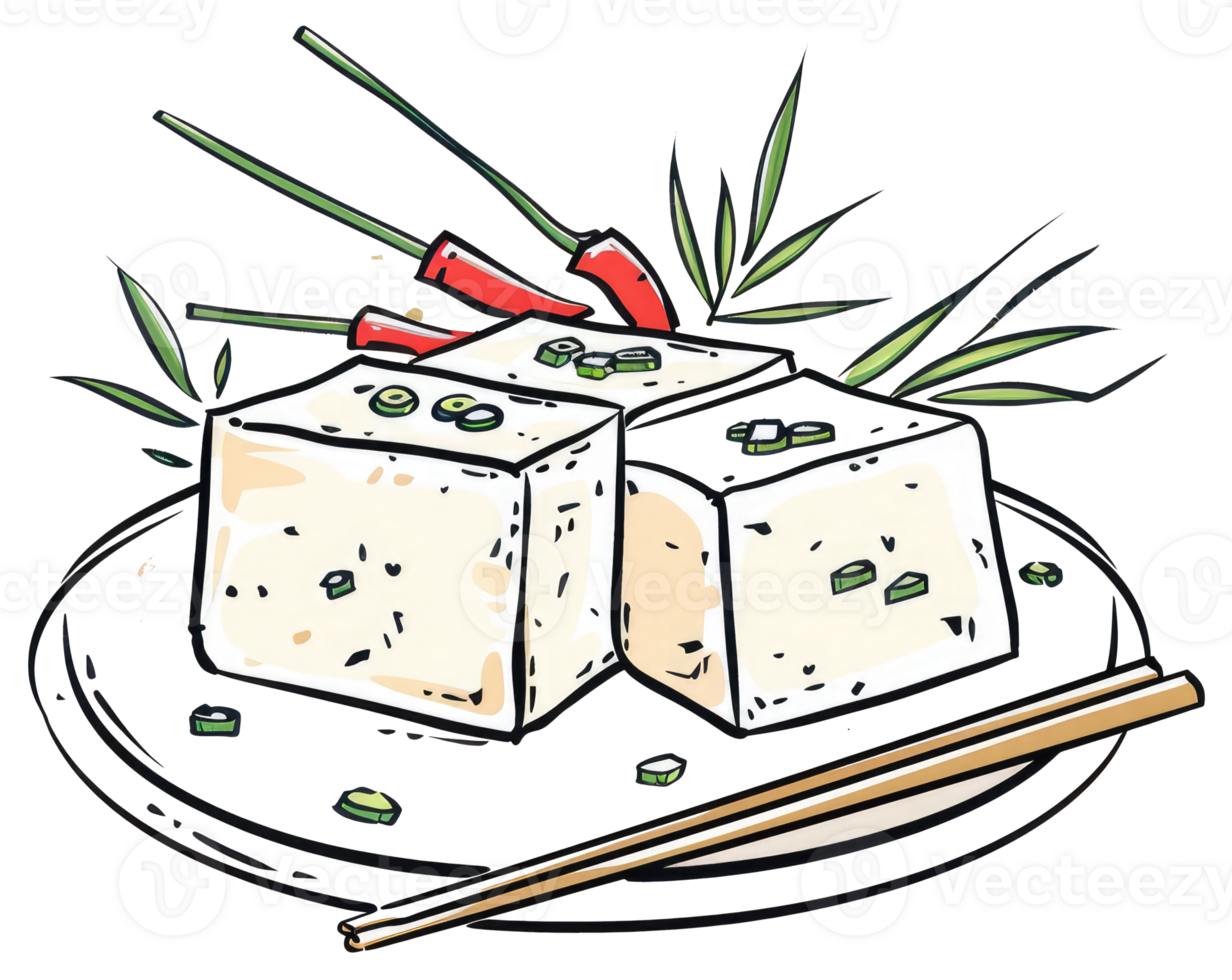 Freshly prepared cubes of tofu served with spices and garnishes png