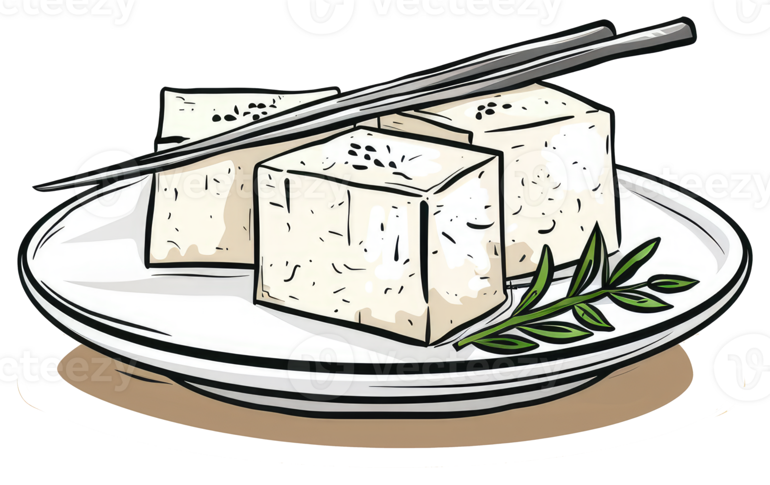 Cubed Tofu Served on a Plate with Chopsticks and Garnishing png