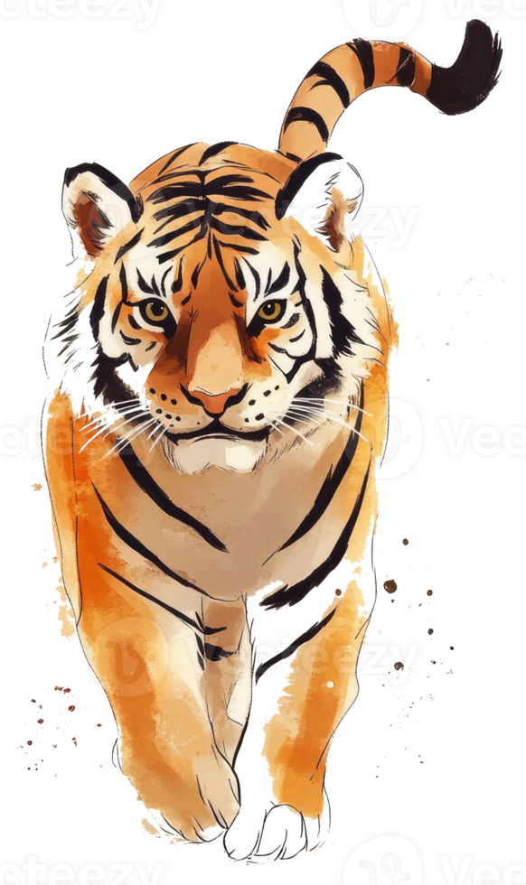 A watercolor painting of a tiger in a dynamic position png