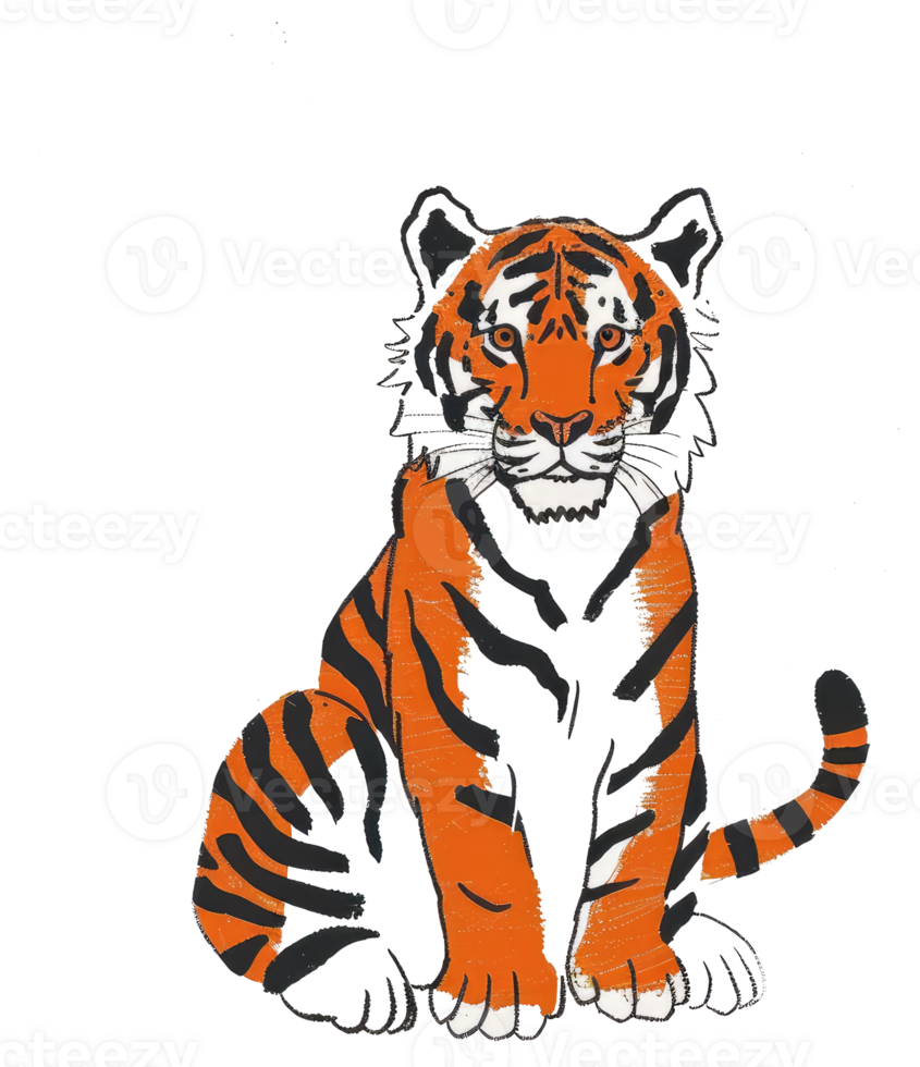A stylized illustration of a sitting tiger looking directly at the viewer png