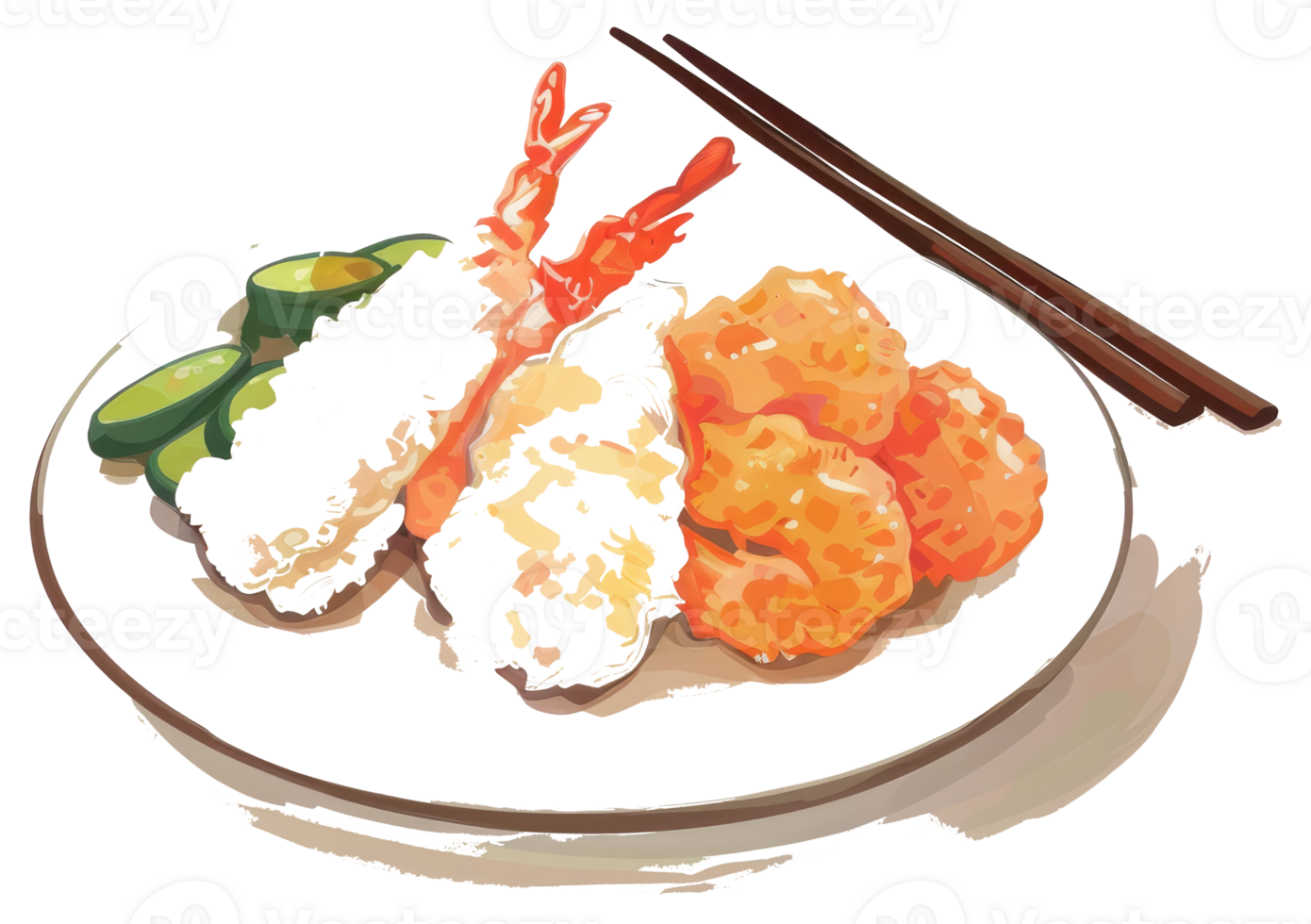 A plate of various fried foods served with chopsticks png