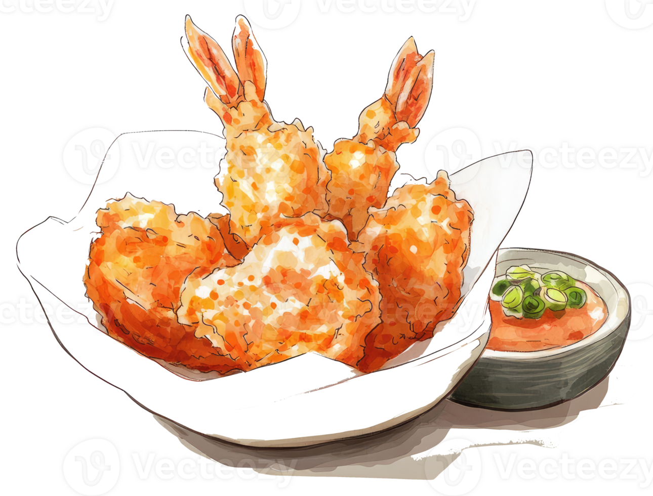 Several pieces of crispy fried shrimp presented in a bowl with sauce png