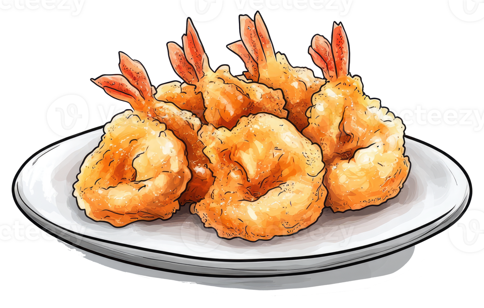 Several pieces of fried shrimp displayed on a white plate png