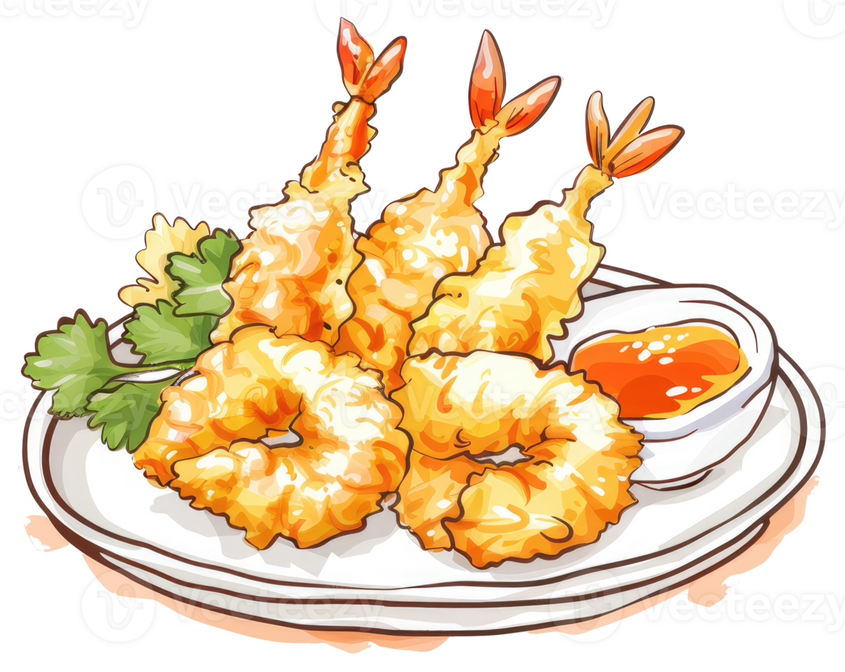 Delicious Fried Prawns Served with Dipping Sauce and Garnishing png