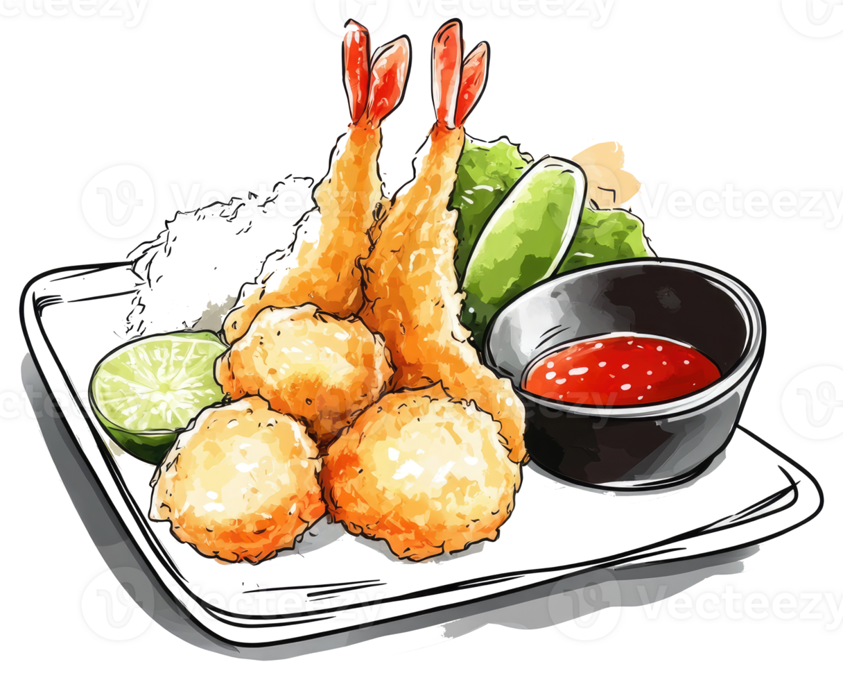 A Plate Featuring Fried Food Rice Vegetables and Dipping Sauce png