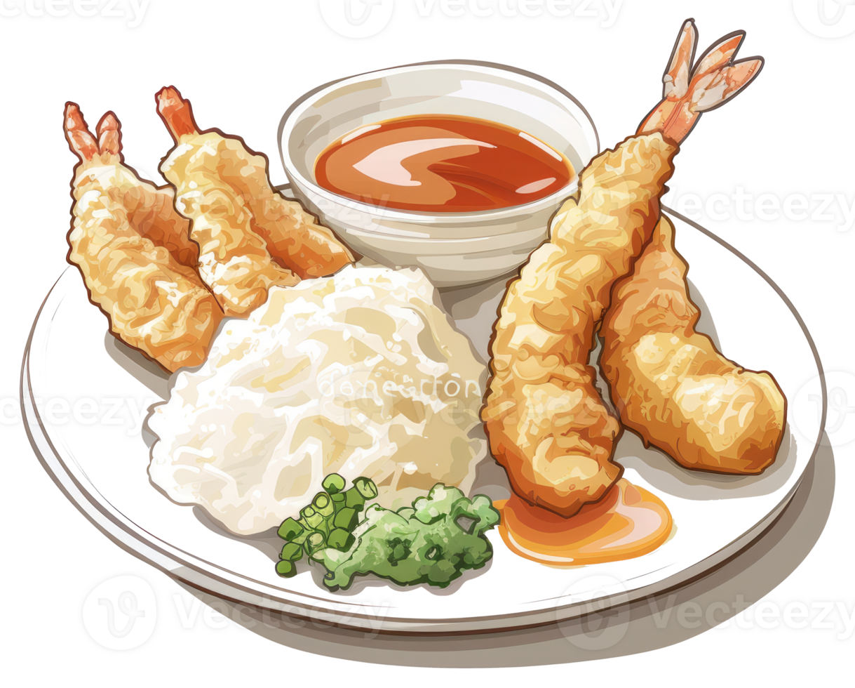 Delicious plate of fried shrimp tempura with dipping sauce and rice png