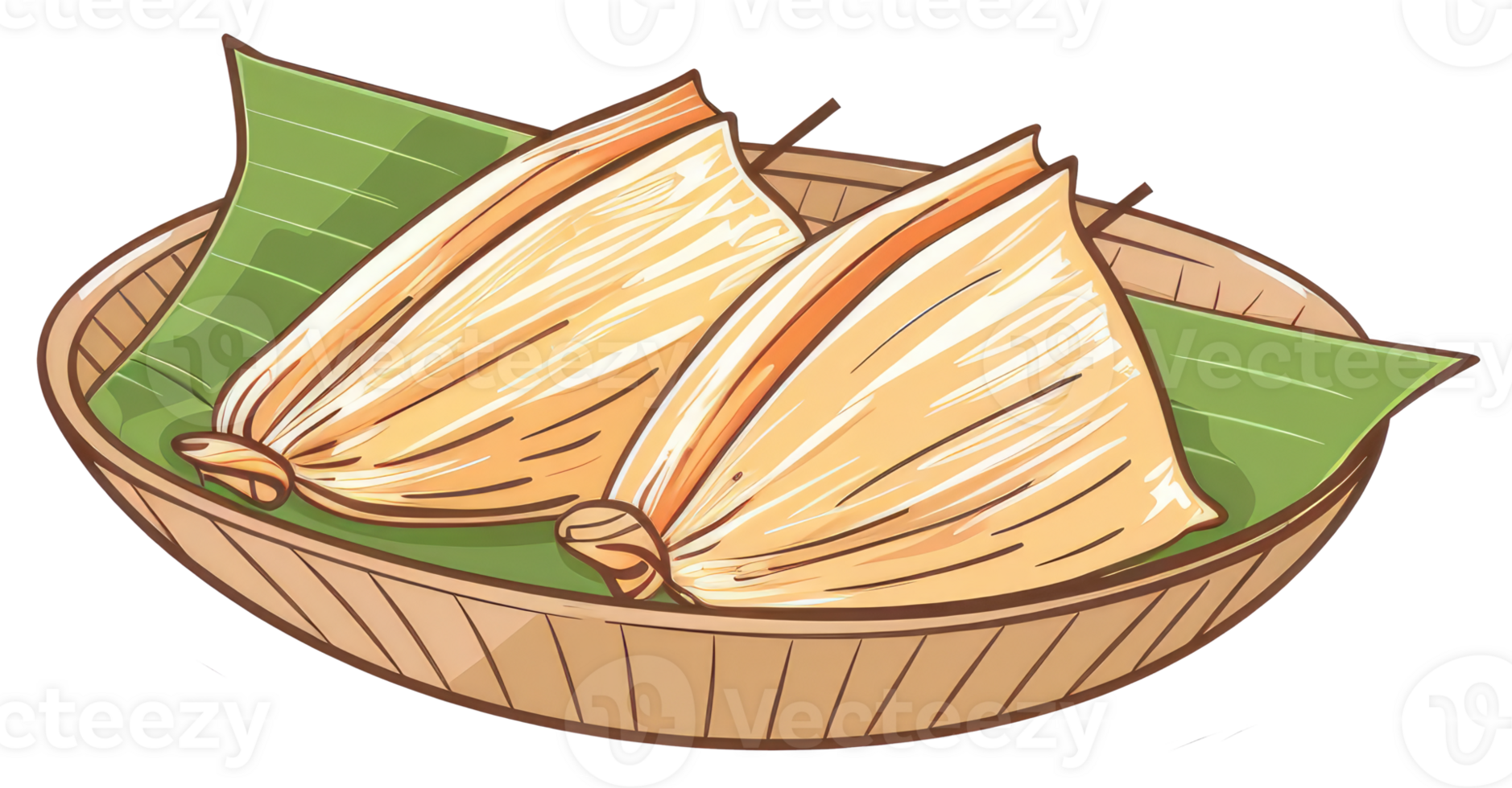 Two wrapped food items are placed on a woven serving plate png
