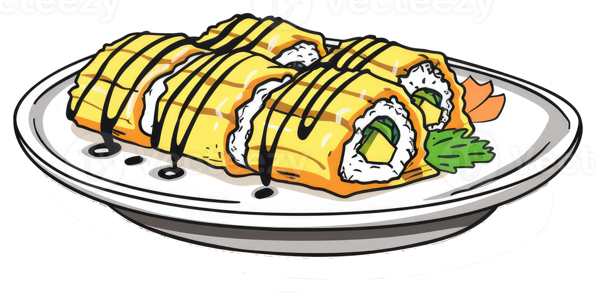 Delicious sushi rolls with toppings displayed on a white plate png