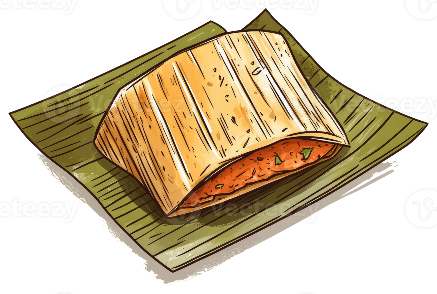 Hand drawn illustration of a wrapped food item resting on a leaf png