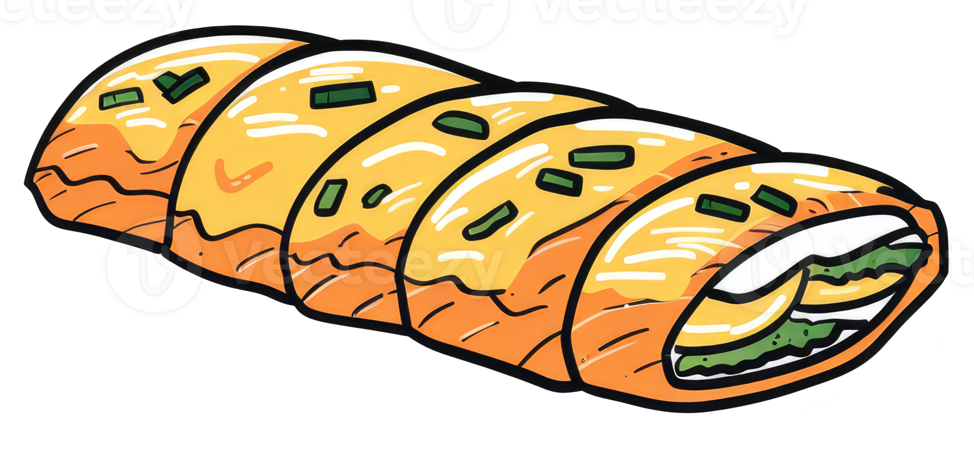 Delicious golden pastry roll with green herbs and filling inside png
