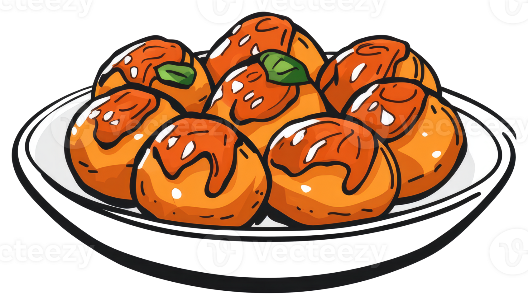 Several meatballs with sauce arranged on a white ceramic plate png