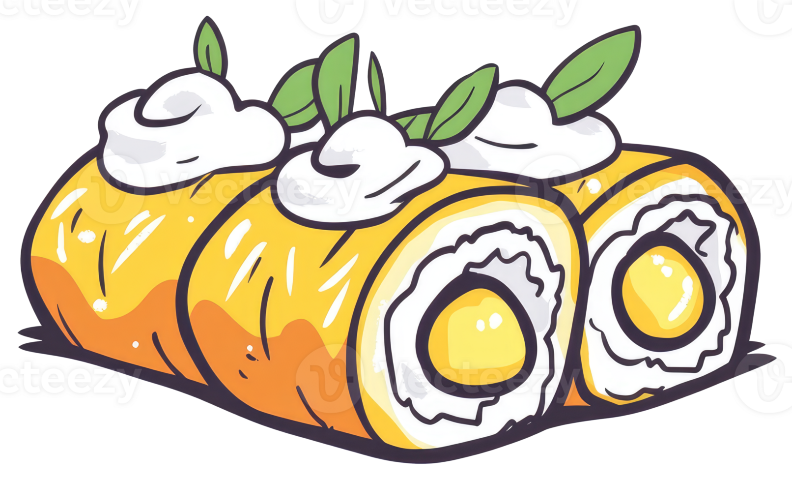Delicious looking sushi rolls topped with cream and green leaves png