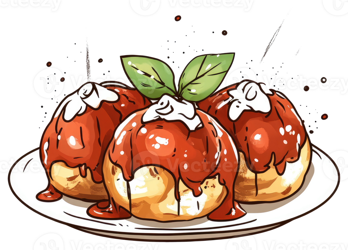 Three food items with sauce and green garnish on a plate png