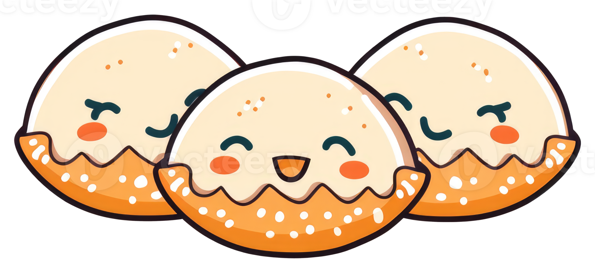 Three smiling cartoon food characters appear happy and delicious png