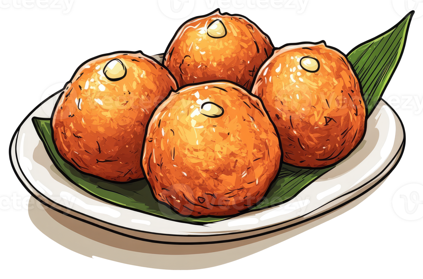 Four golden fried food balls on a white plate display png
