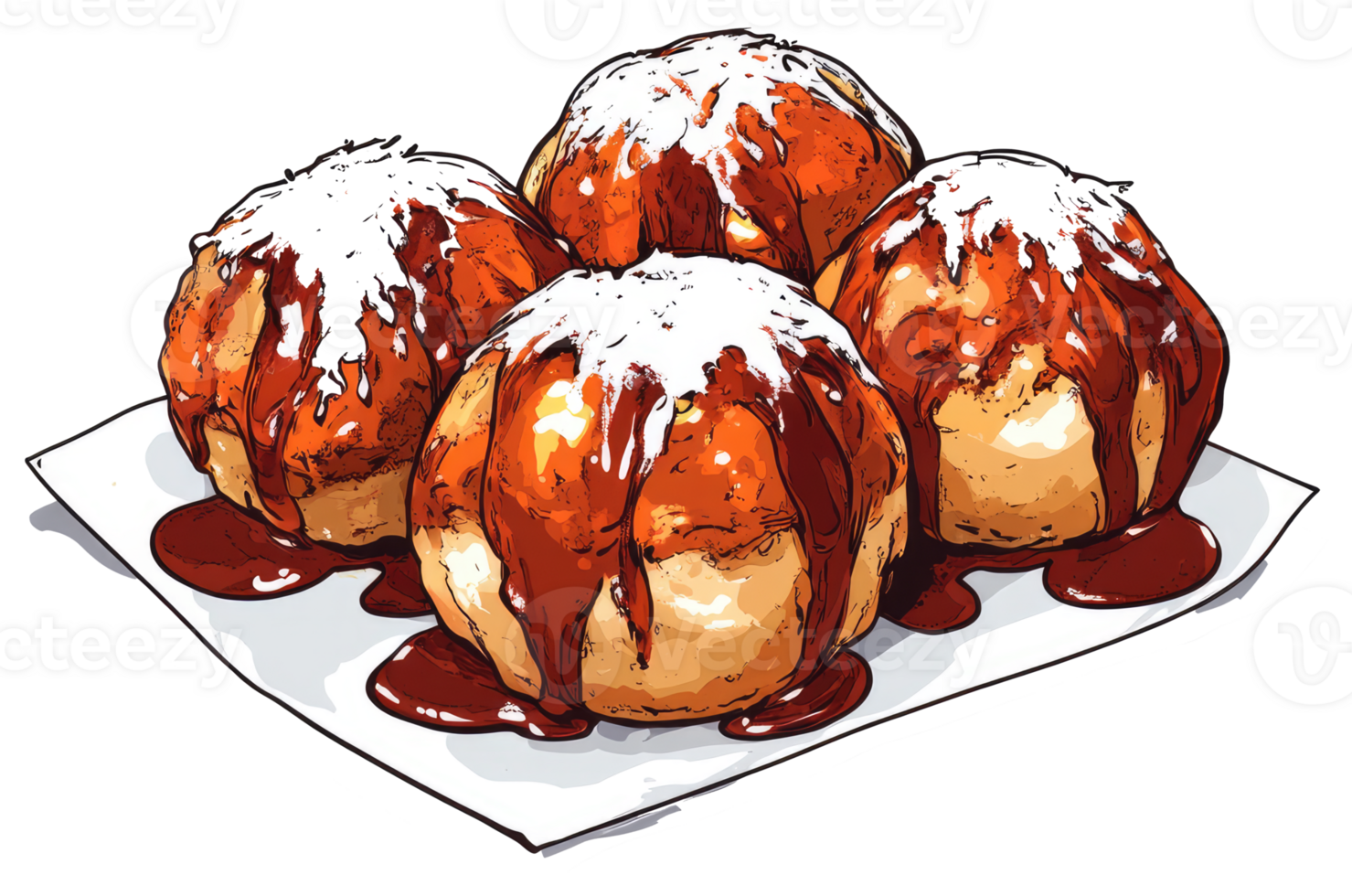 Four baked treats with syrup and powdered sugar on a paper png