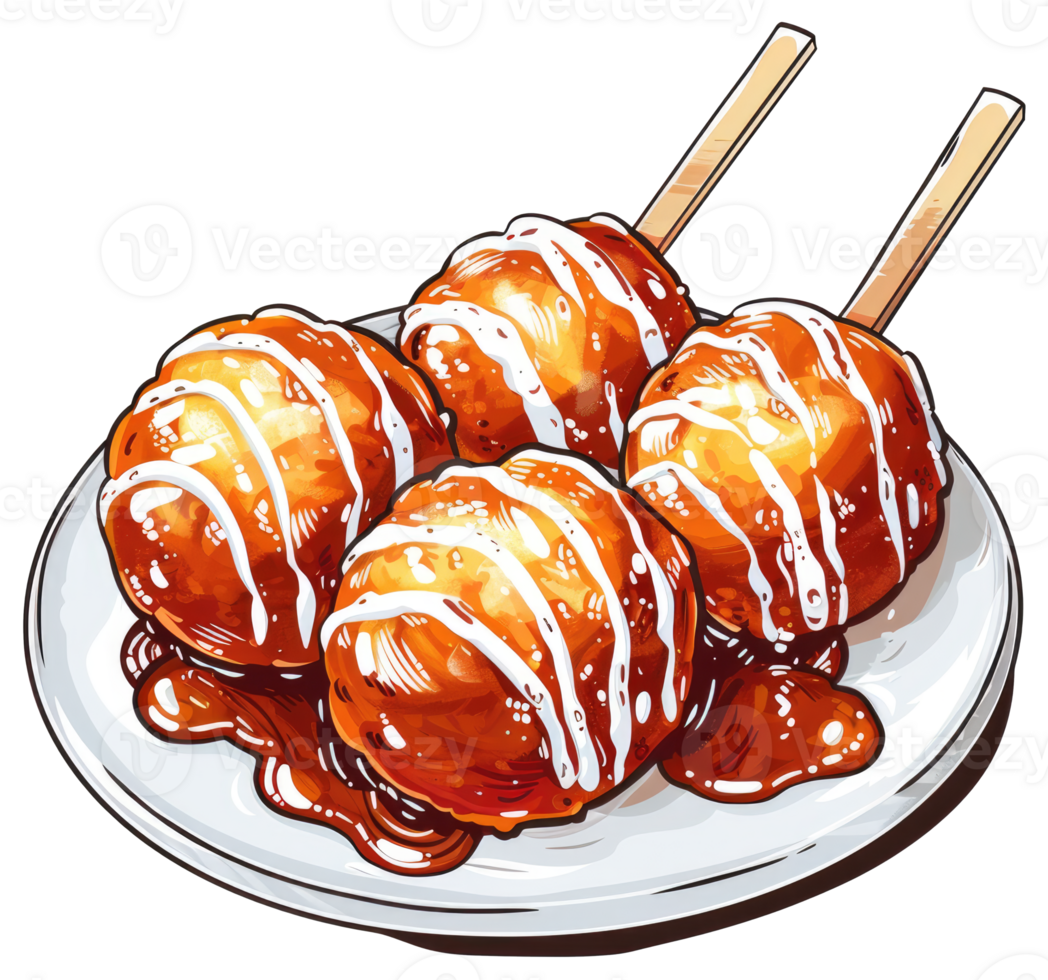 An illustration featuring four fried food spheres on a plate png