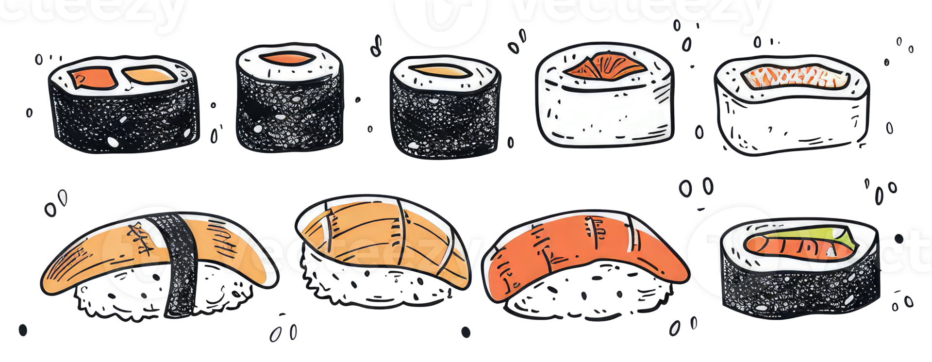A variety of drawn and shaded Japanese sushi rolls and nigiri png