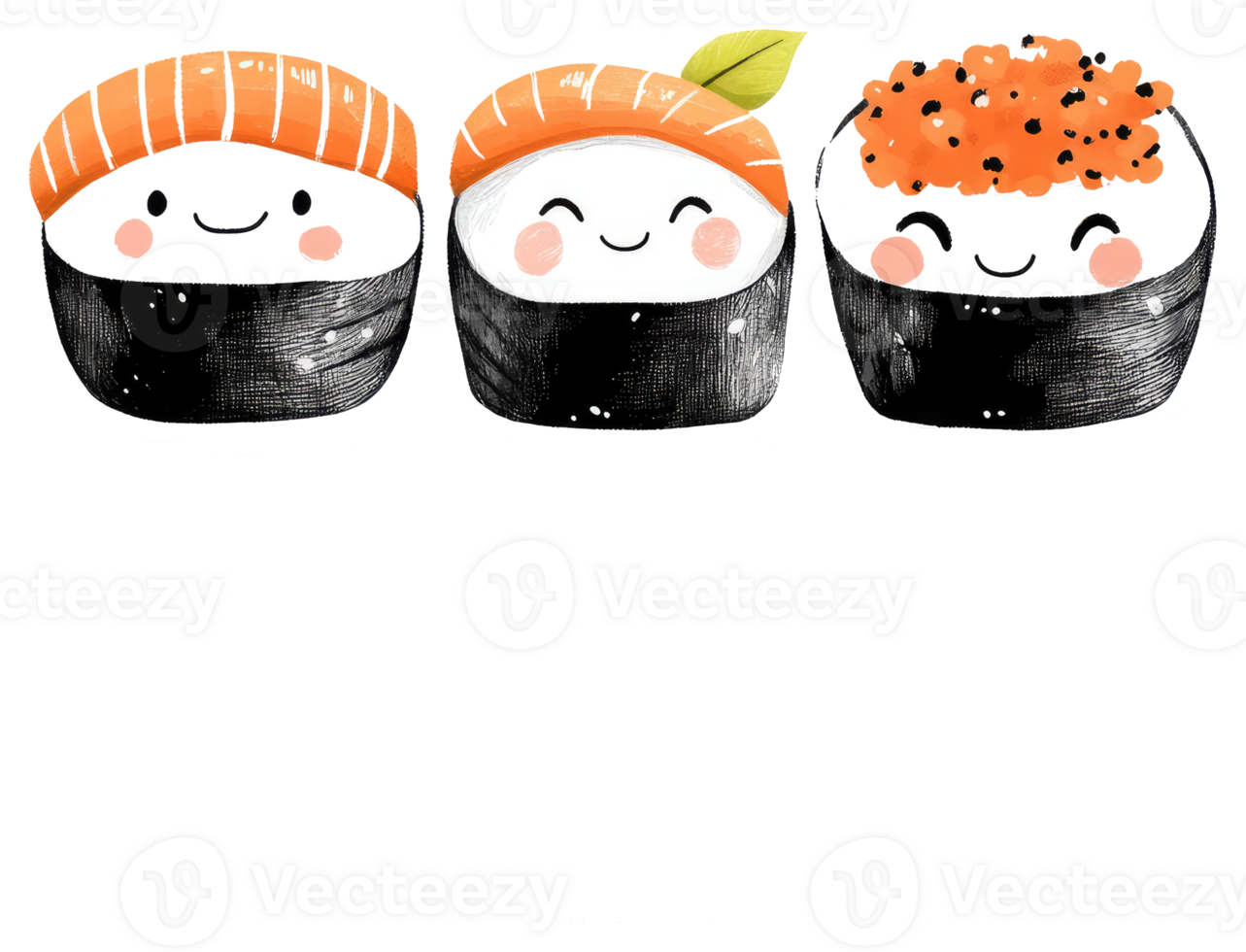 Three smiling sushi characters with cute and friendly features png