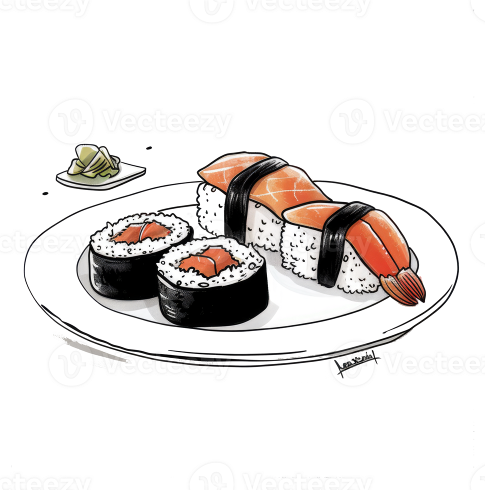Various pieces of sushi and pickled ginger on a plate png