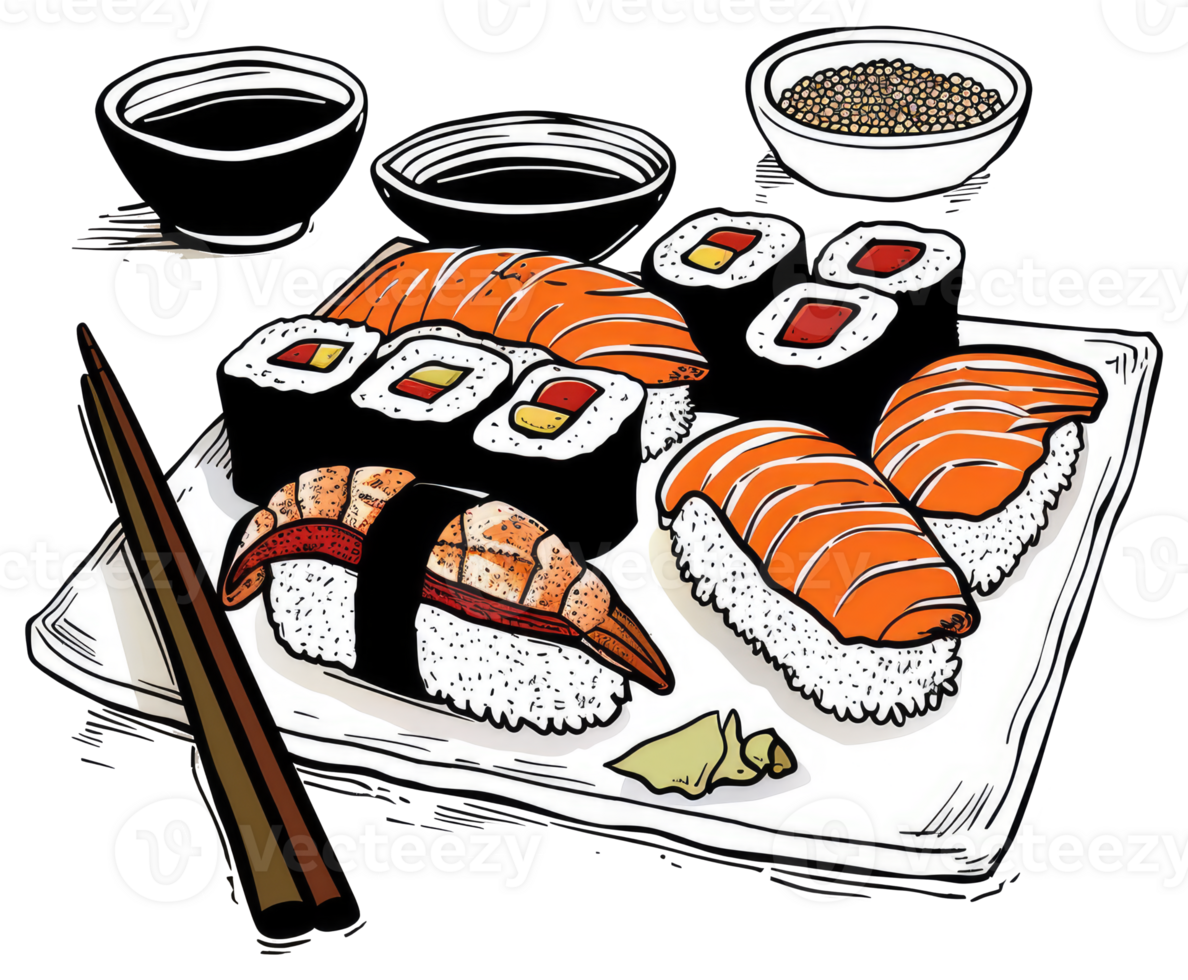 A delectable illustration of assorted sushi arranged on a plate png