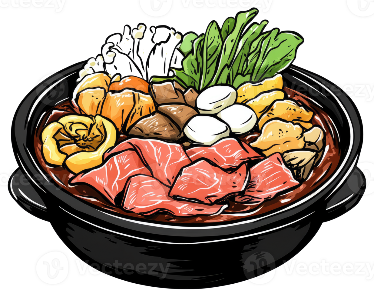 A steaming bowl of hot pot with meat and vegetables png
