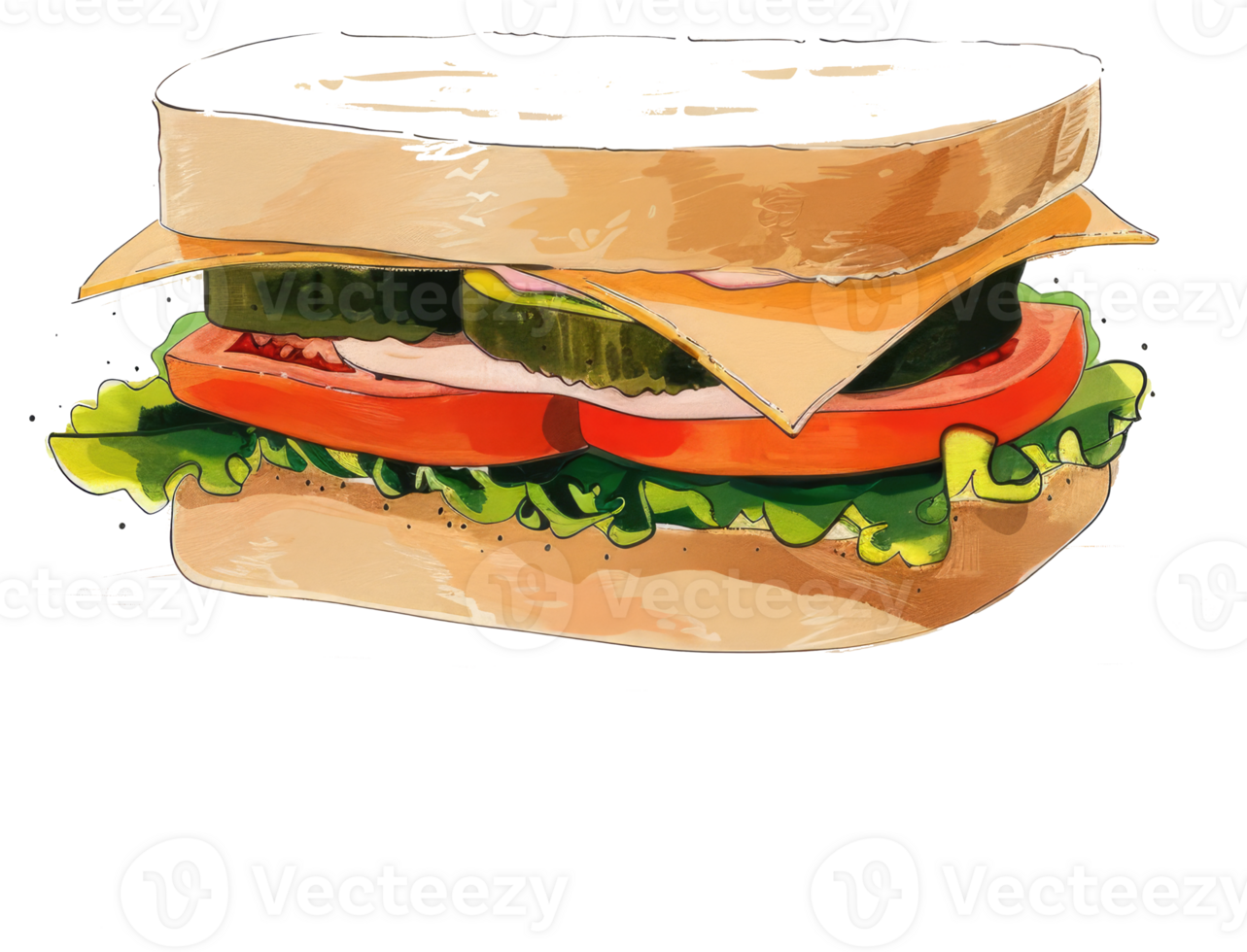 A delicious and colorful sandwich with many fresh ingredients depicted png