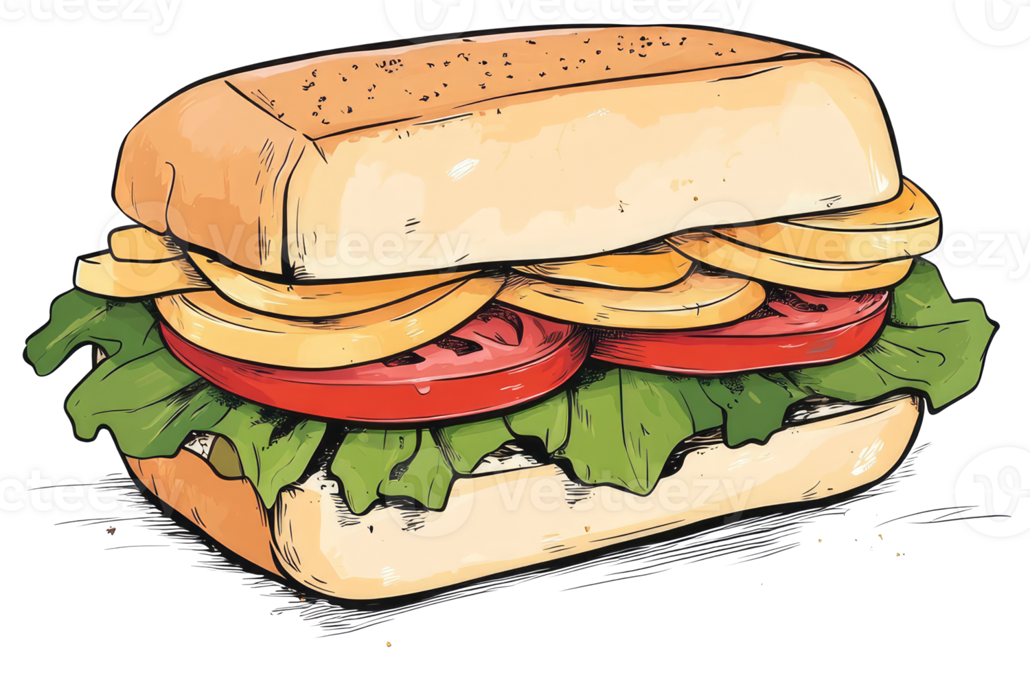 Colorful drawing of a sandwich with different fresh ingredients inside png
