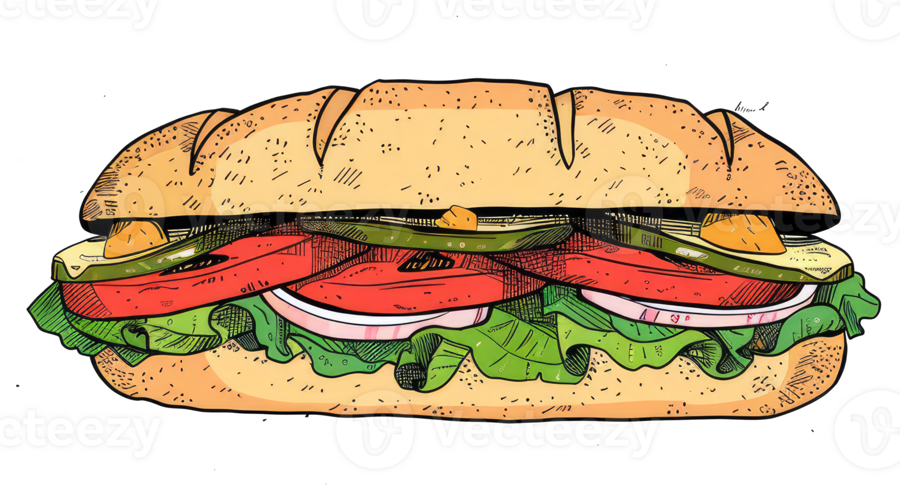 An illustrated submarine sandwich featuring fresh vegetables and toppings png