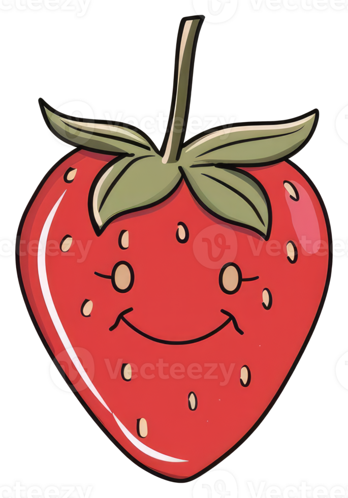 A smiling red strawberry fruit with green leaves and stem png