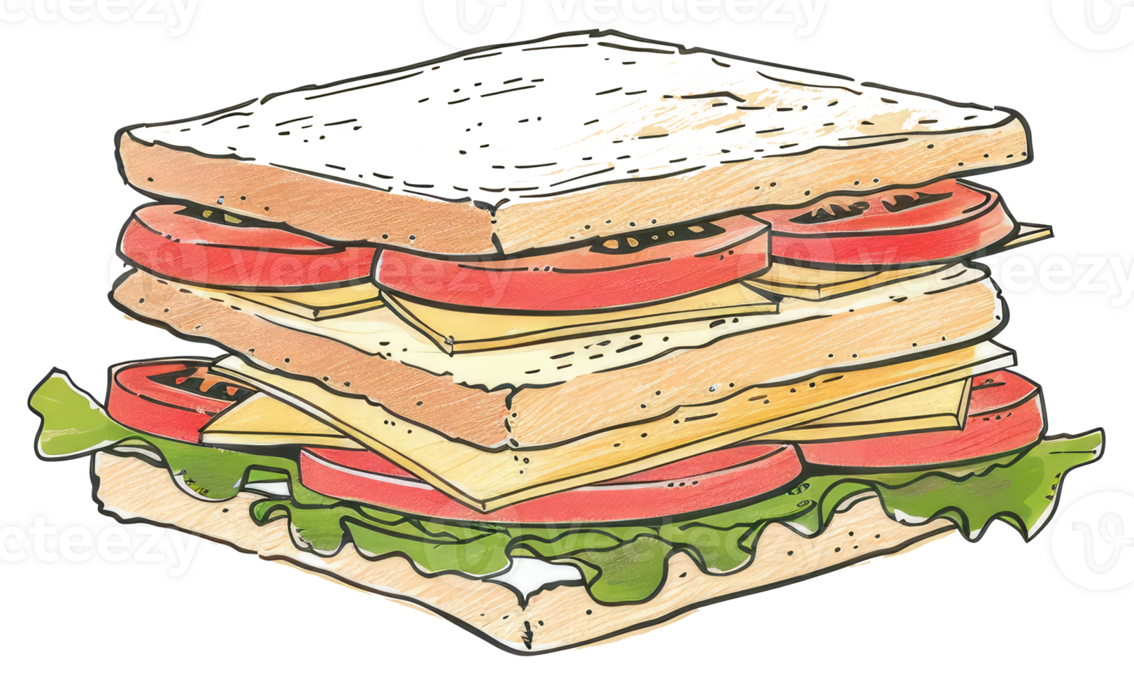 A layered sandwich with cheese tomatoes and lettuce illustrated in detail png