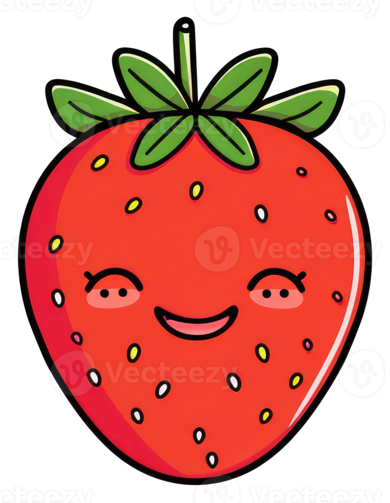 A smiling cartoon strawberry with green leaves and small seeds png