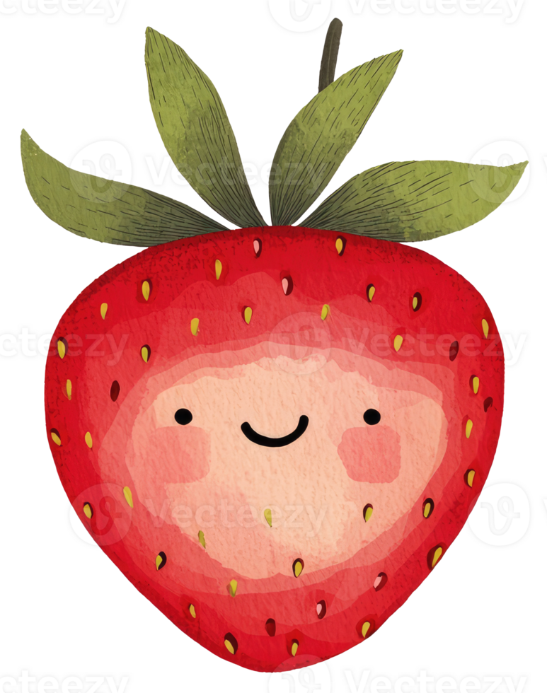 A smiling strawberry fruit with green leaves and cheerful expression png